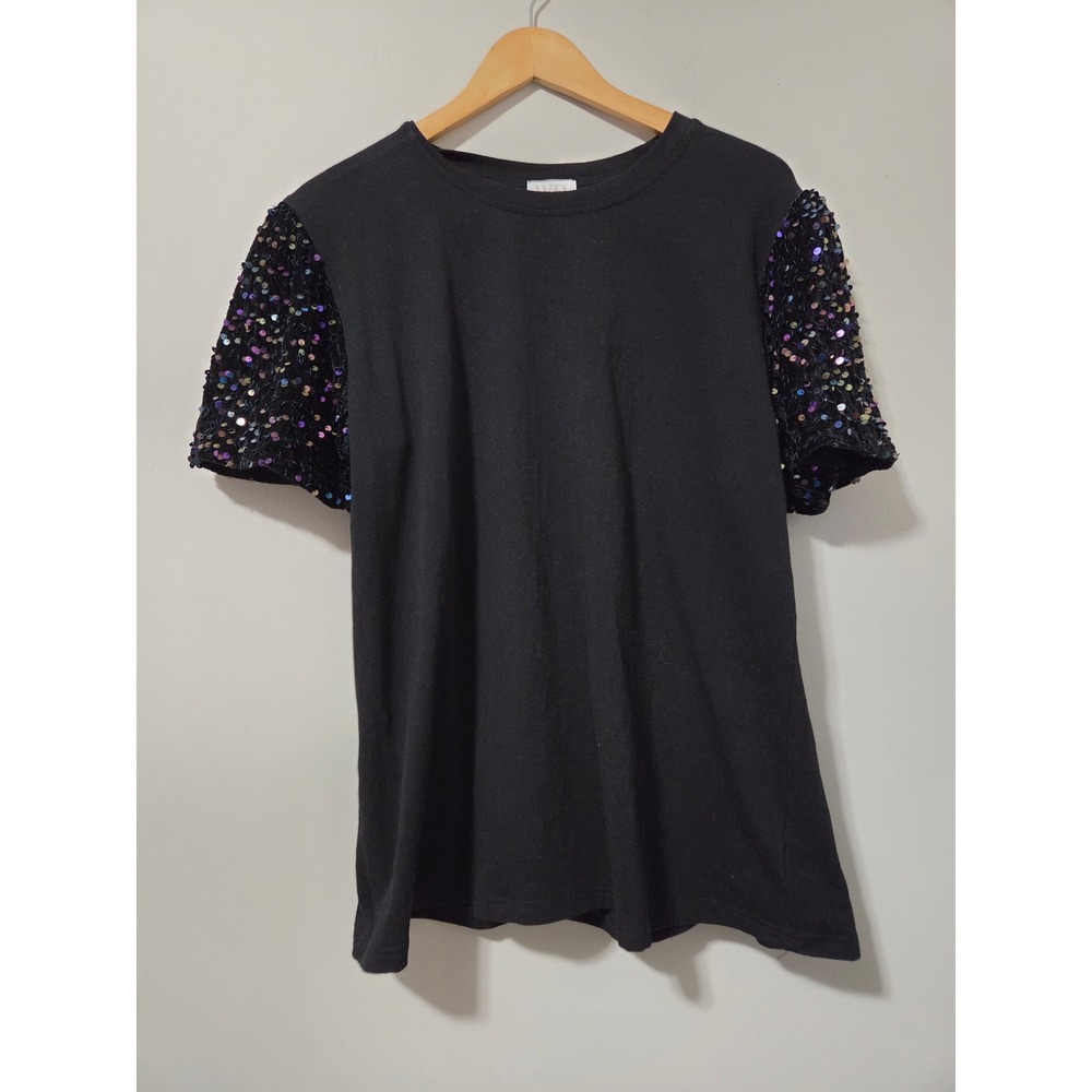 Whiskey Darling Black Sequin Sleeve T-Shirt XL Iridescent Sparkle Party Top